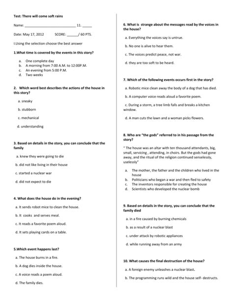 there will come soft rains open book test|There Will Come Soft Rains Multiple Choice Test Questions.